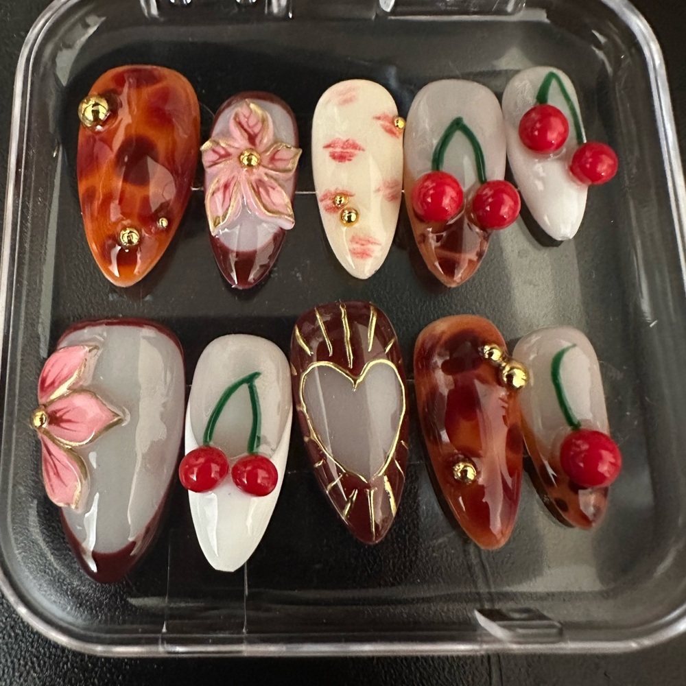 Cherry Almond Acrylic handmade press on nails size Large - Picture 2 of 5